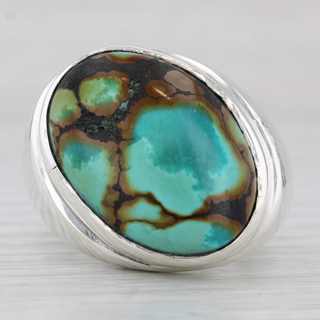 Light Gray Large Native American Marbled Turquoise Ring Sterling Silver Size 13.5