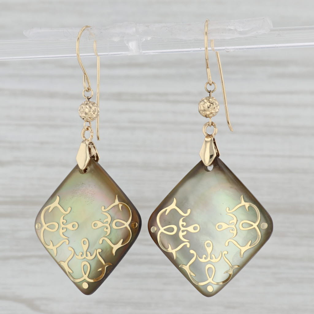 Gray Ornate Mother of Pearl Dangle Earrings 14k Yellow Gold Hook Posts