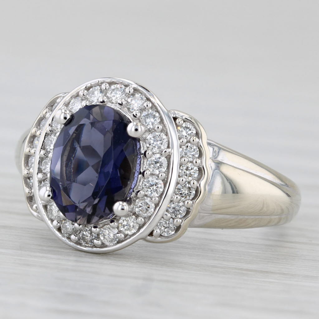 Light Gray 1.17ctw Blue Iolite Diamond Halo Ring 14k White Gold Size 5.25