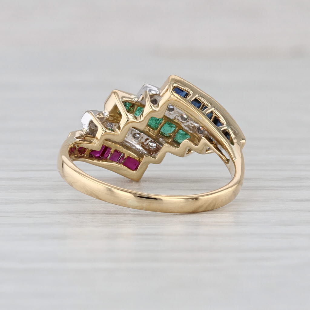 1.07ctw Ruby Emerald Sapphire Diamond Bypass Ring 18k Yellow Gold Size 6