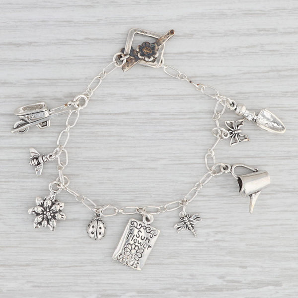Light Gray Garden Themed Charm Bracelet Sterling Silver Cable Chain 7”