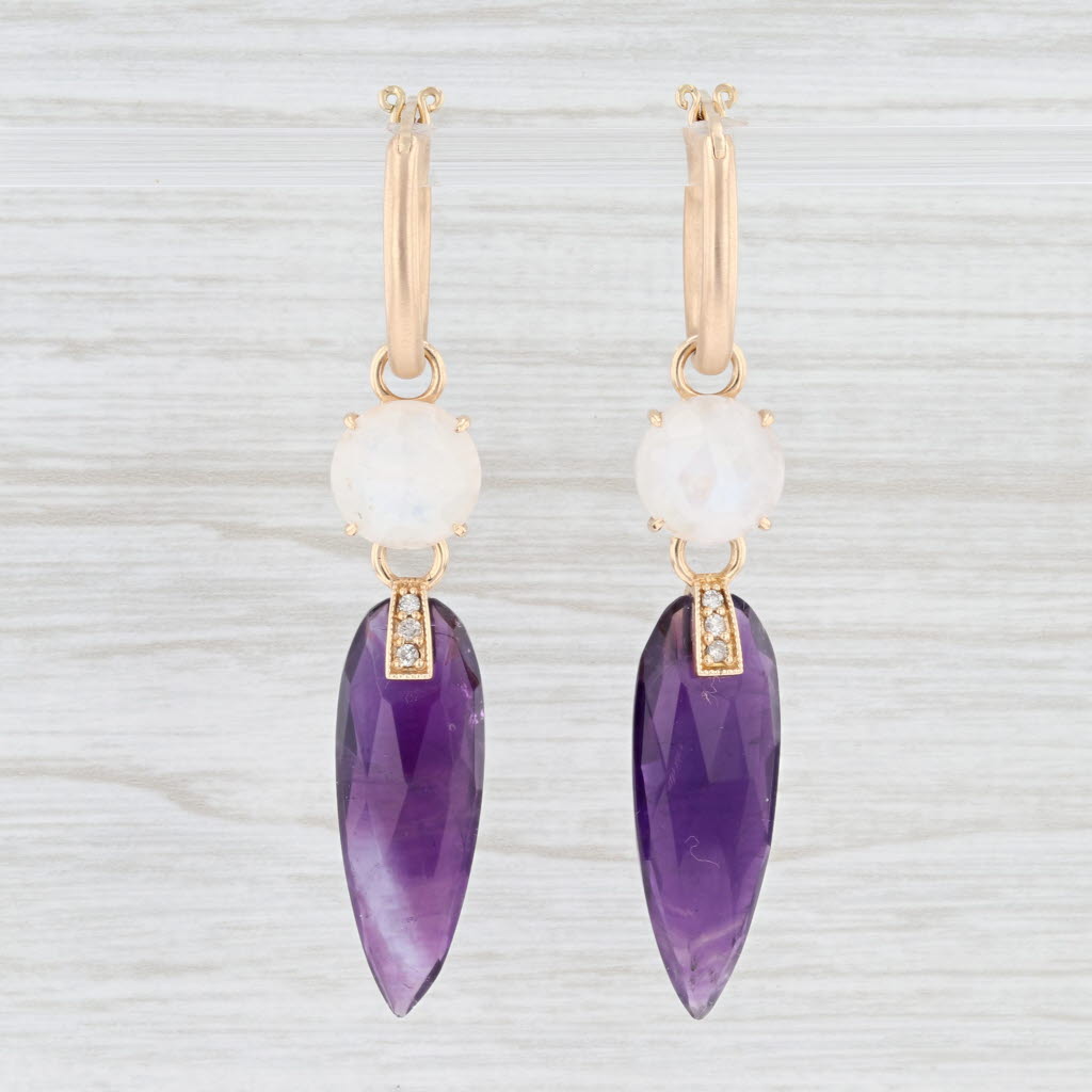 New Nina Wynn Hoop Earrings 18k Yellow Gold Amethyst Moonstone Diamond Charms