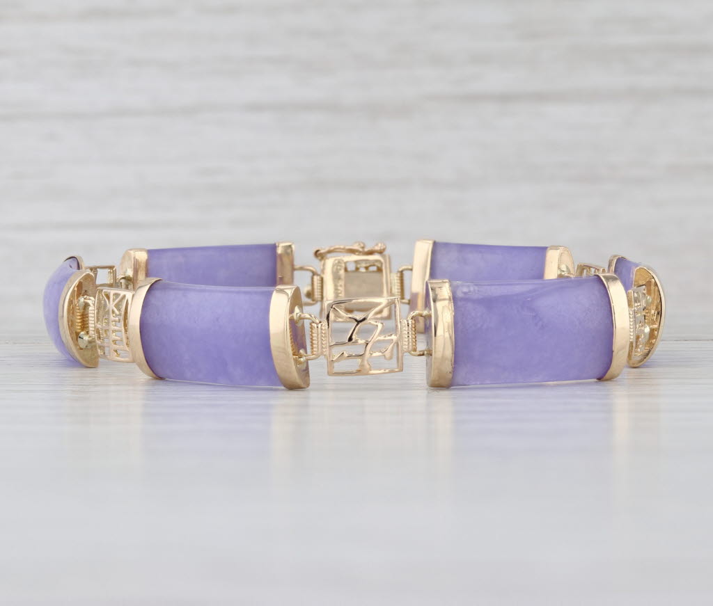 Lavender Jadeite Jade Link Bracelet 14k Yellow Gold 6.75" Chinese Calligraphy