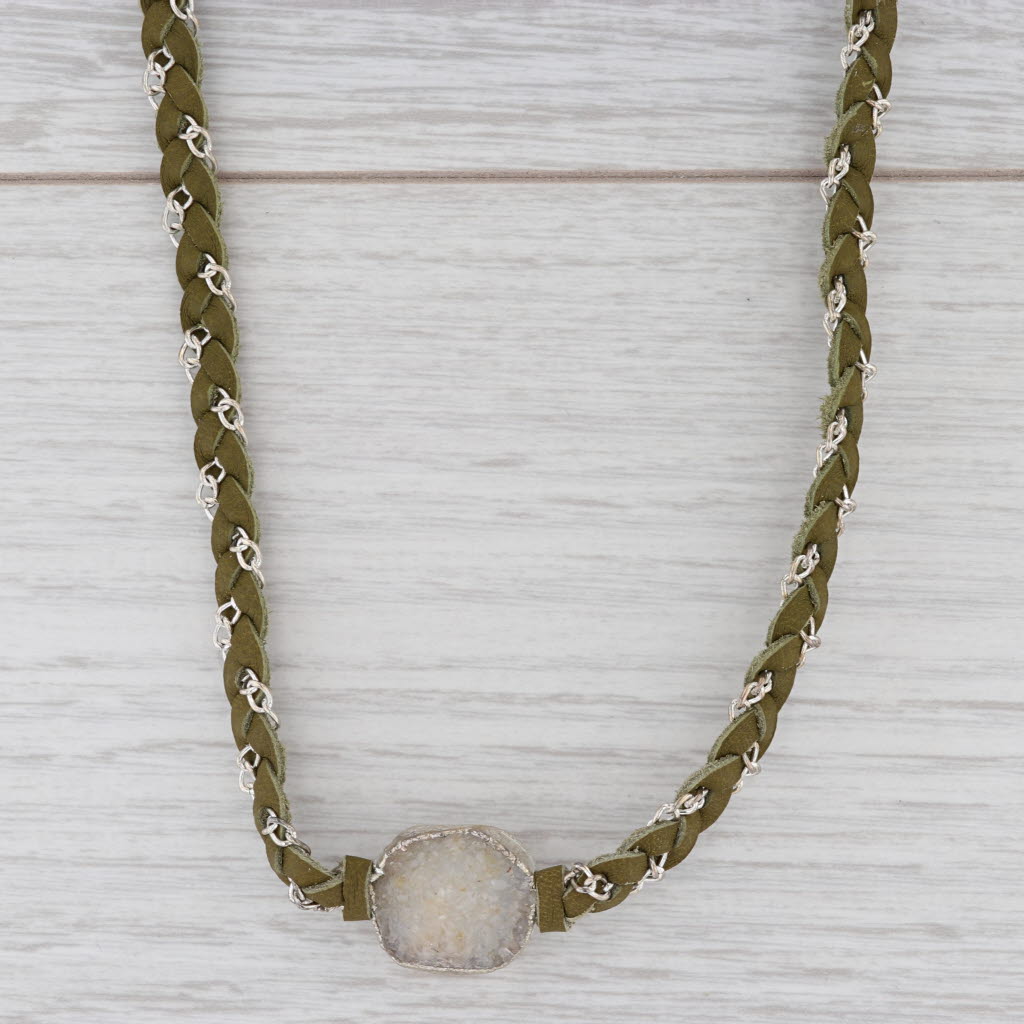 New Nina Wynn Cordelia Necklace Woven Green Leather White Druzy Quartz Pendant