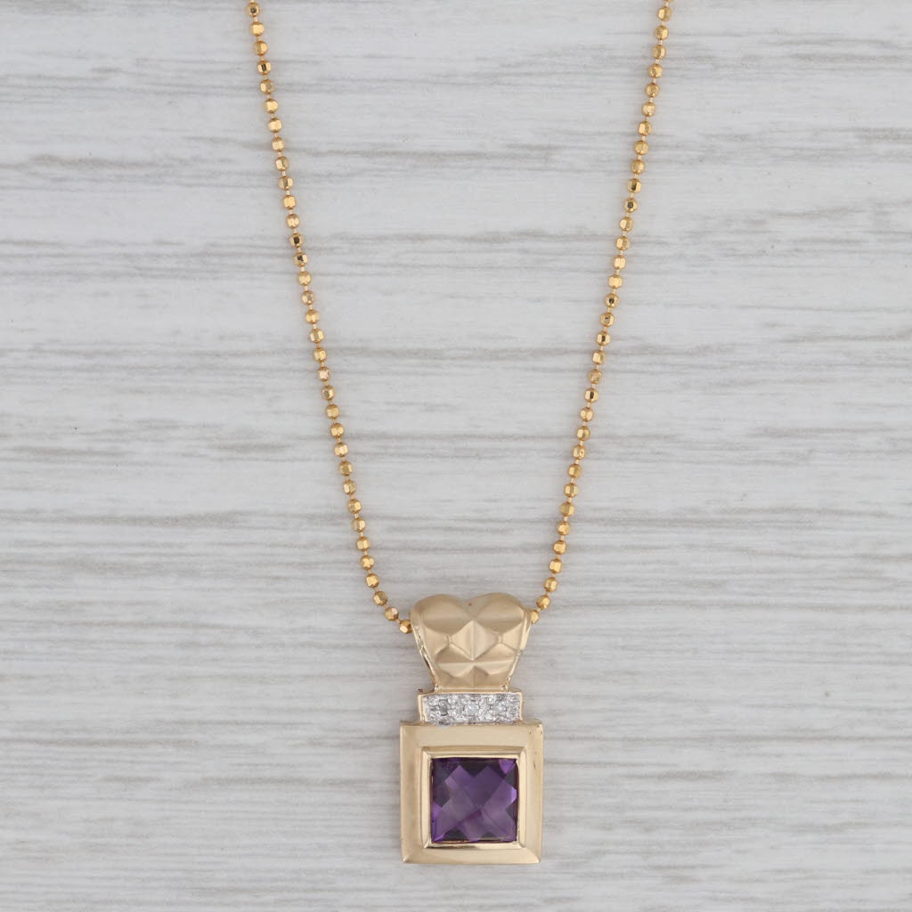 Gray 1.24ct Amethyst Diamond Pendant Necklace 14k Yellow Gold 17.75" Bead Chain