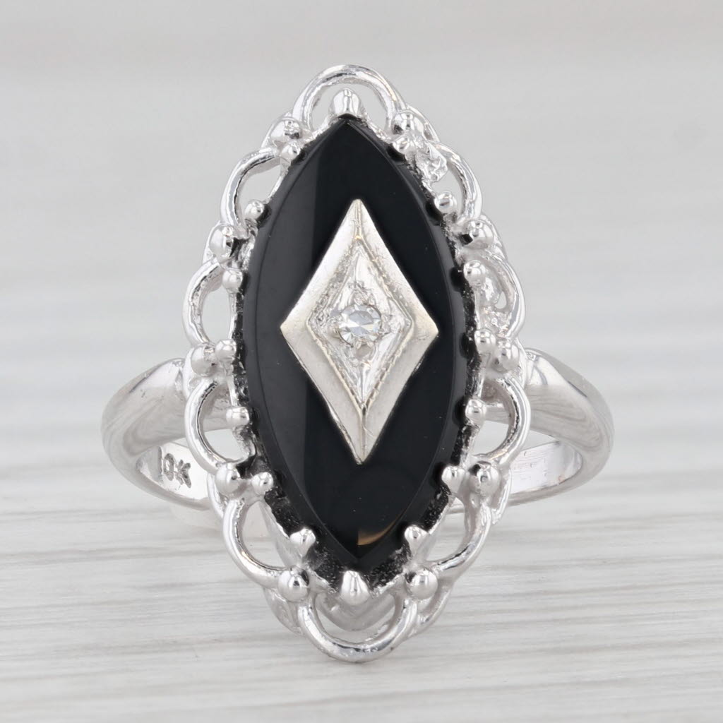 Light Gray Vintage Marquise Onyx Diamond Signet Ring 10k White Gold Small Size 3