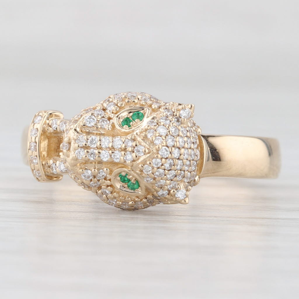 Light Gray 0.37ctw Diamond Emerald Green Eyed Panther Cat Ring 10k Gold Size 10.75
