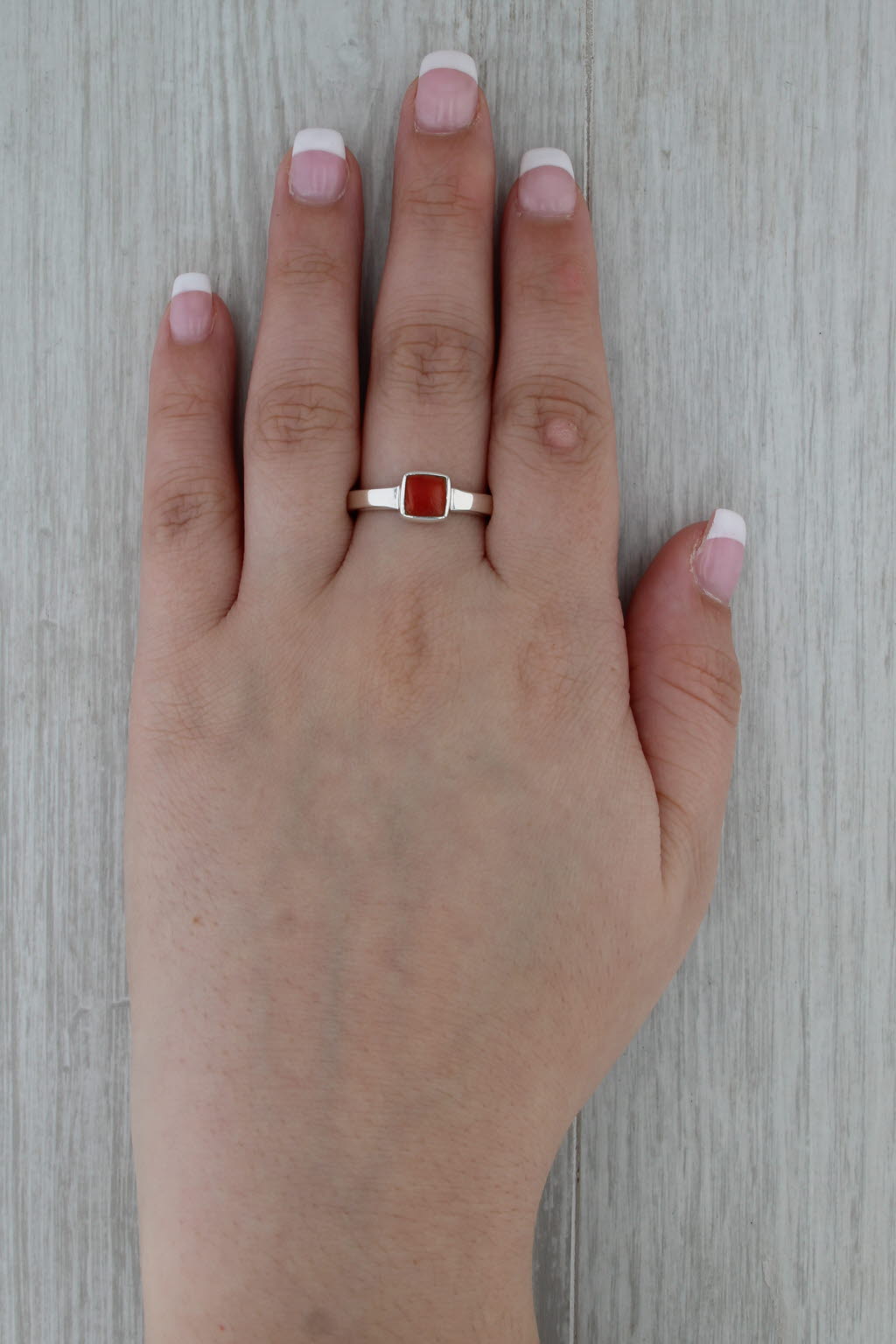 Coral Solitaire Ring Sterling Silver Size 9 Stackable