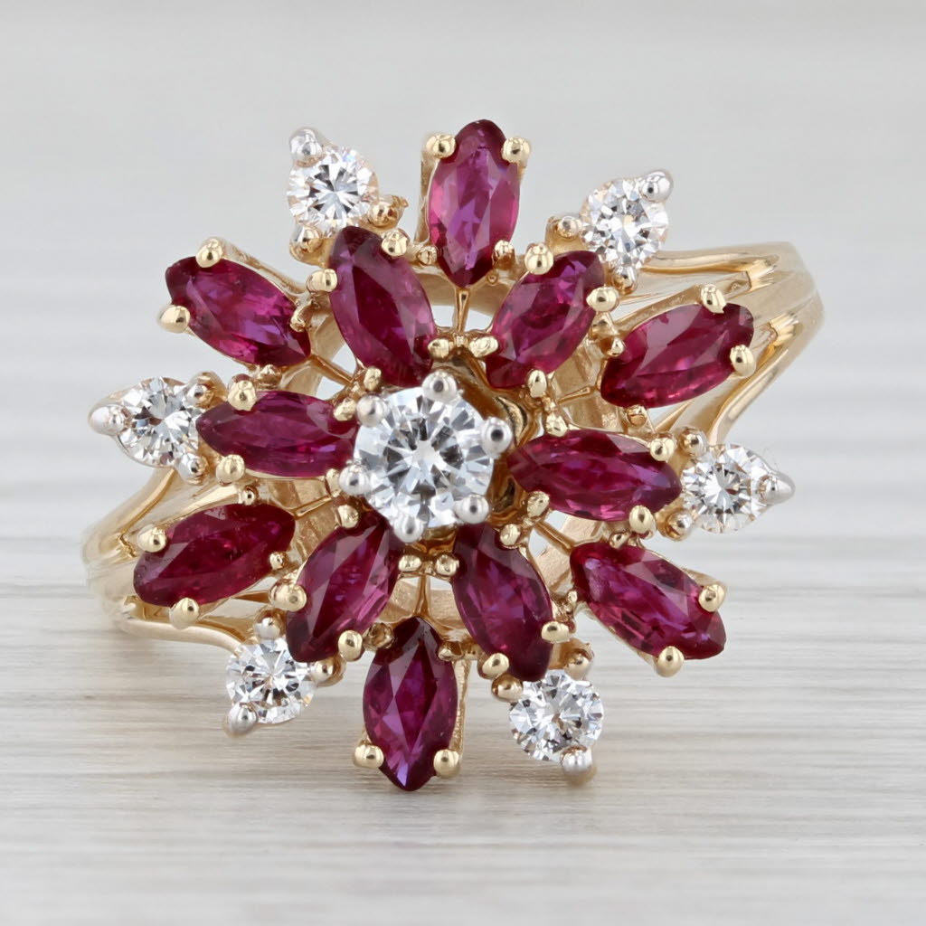 Light Gray 1.79ctw Ruby Diamond Cluster Flower Ring 14k Yellow Gold Size 8 Cocktail