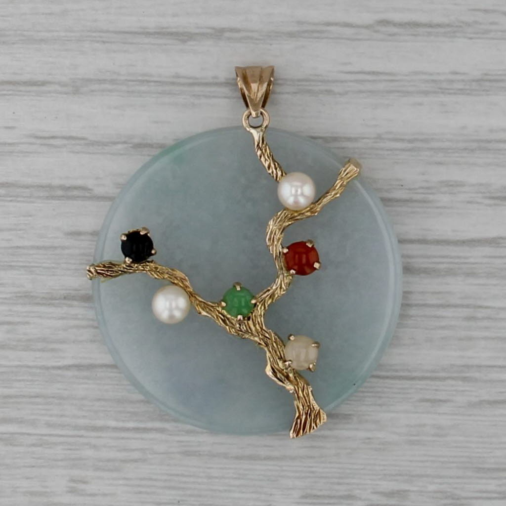 Jadeite Jade Gemstone Tree Pendant 14k Yellow Gold Cultured Pearl Statement