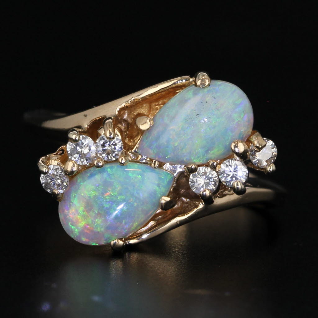 Dark Gray Vintage Opal Diamond Bypass Ring 14k Yellow Gold Size 6.5