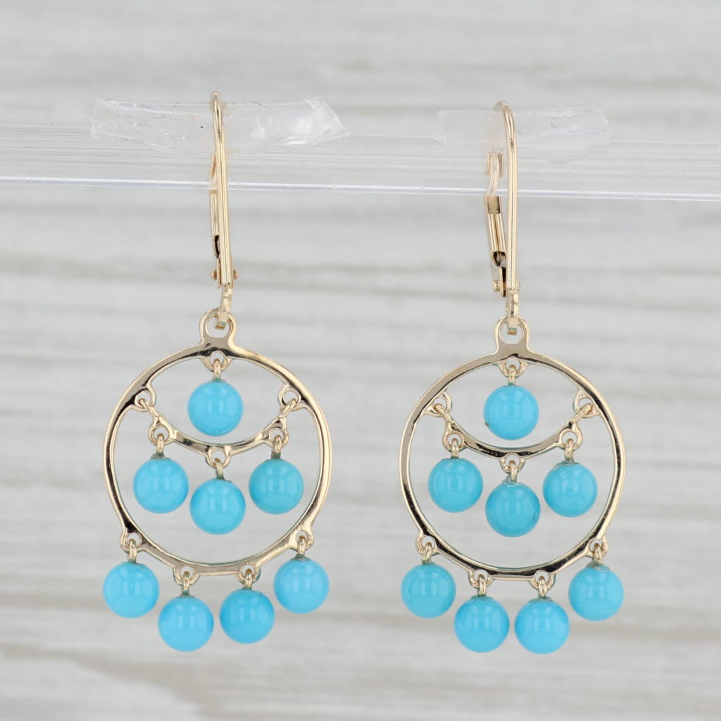 Light Gray Lab Created turquoise Bead Circle Dangle Earrings 14k Yellow Gold Lever Backs