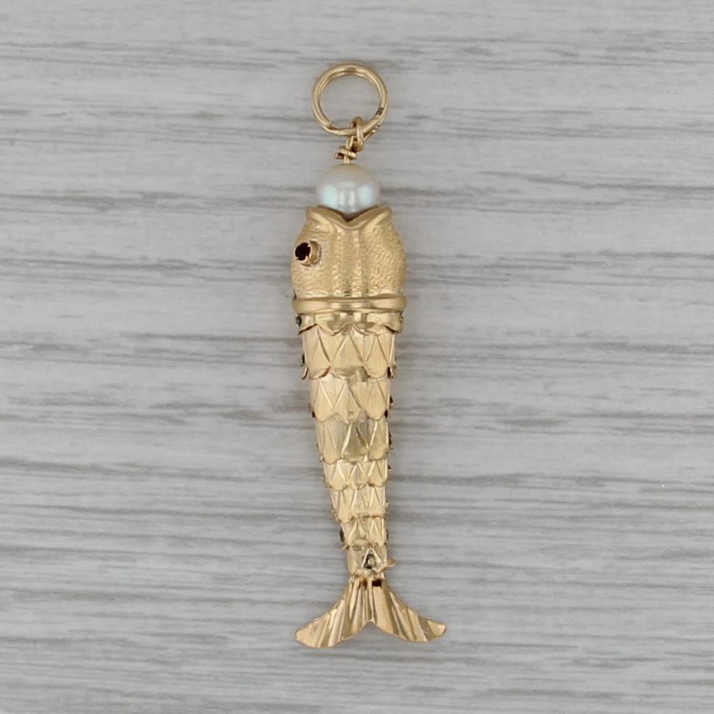 Vintage Cultured Pearl Glass Articulating Fish Pendant 14k Yellow Gold Charm