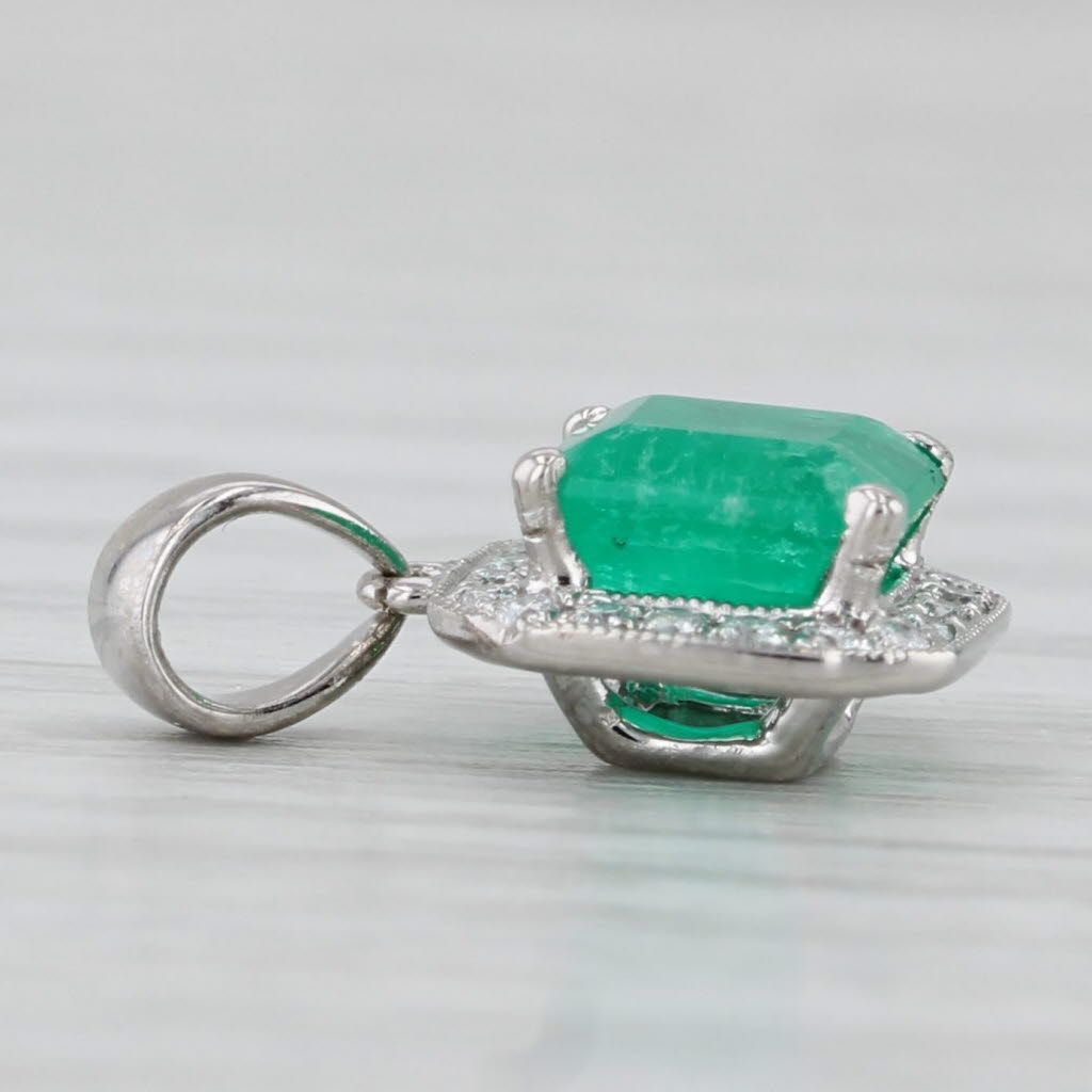 Light Gray 1.10ctw Emerald Diamond Halo Pendant 18k White Gold Small Drop