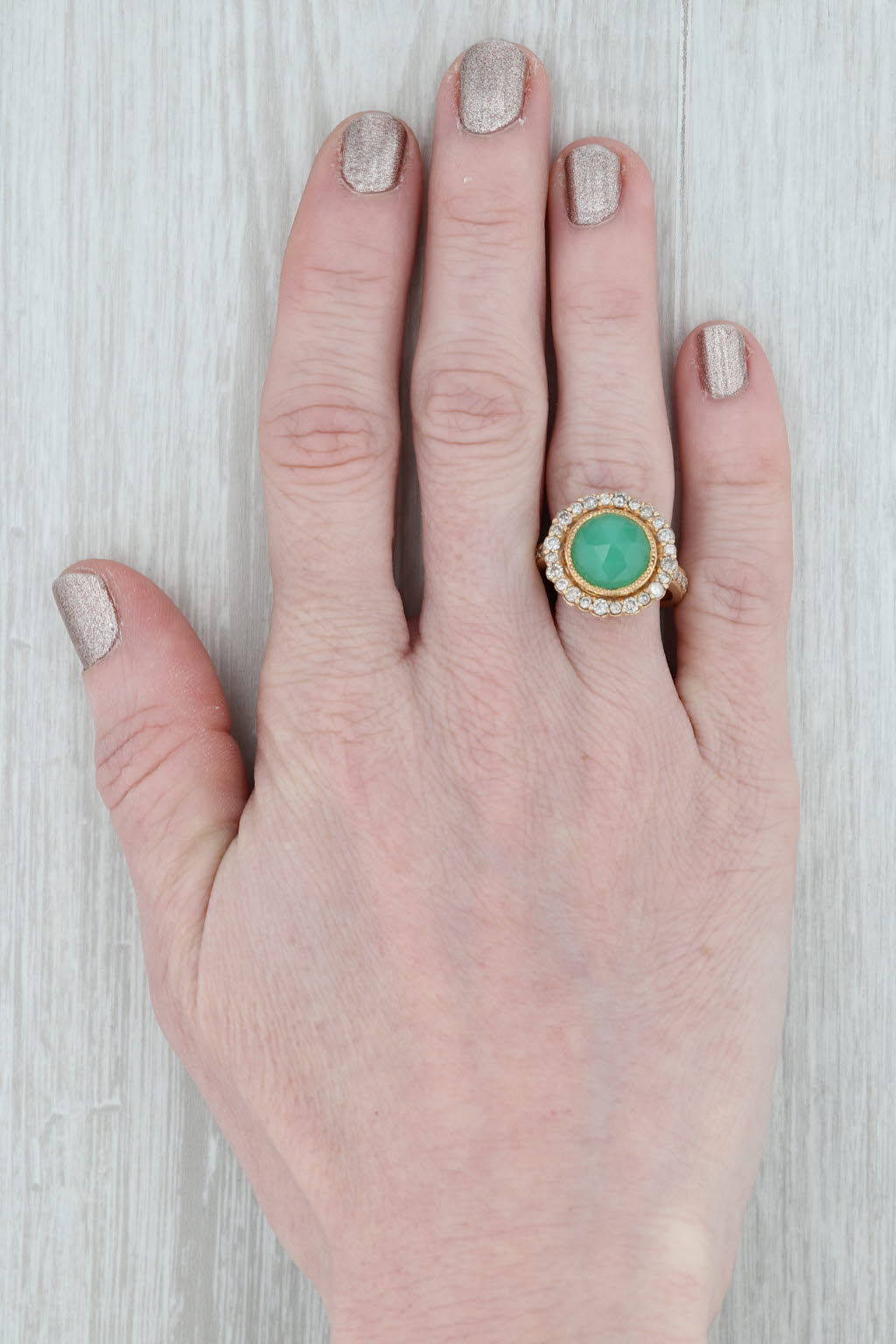 New Nina Wynn Green Chrysoprase Diamond Halo Ring 18k Gold Size 7