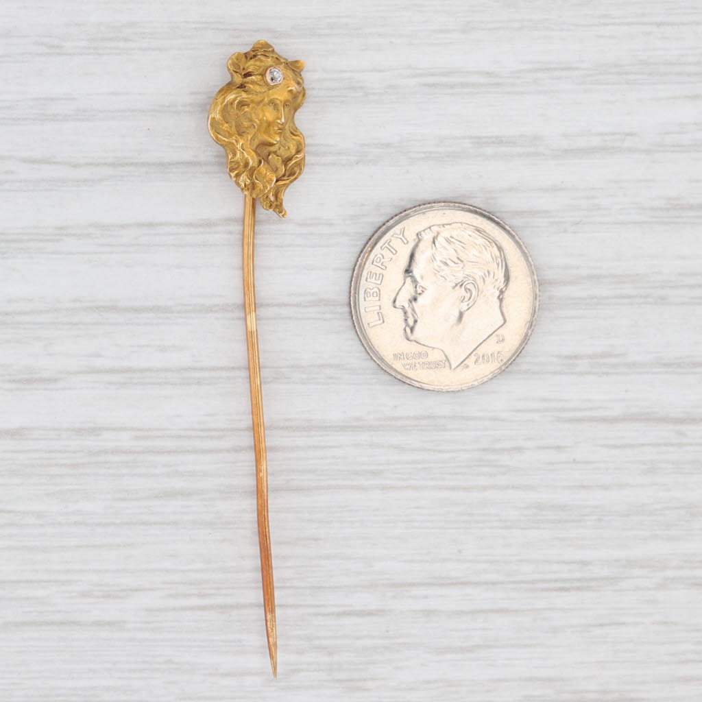 Light Gray Art Nouveau Figural Diamond Stickpin 14k Yellow Gold Antique
