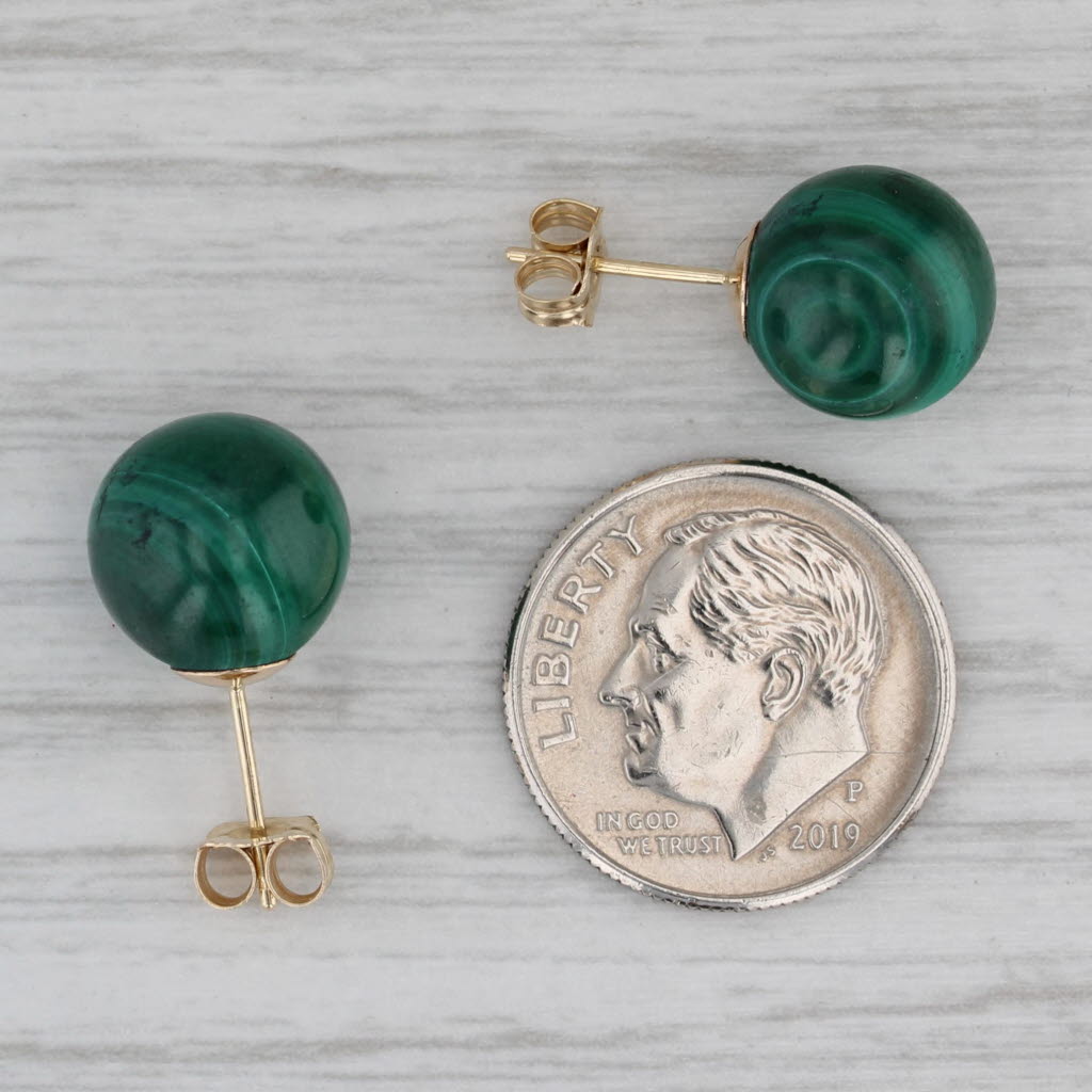 Gray Vintage Green Malachite Stud Earrings 14k Yellow Gold Round Bead Studs