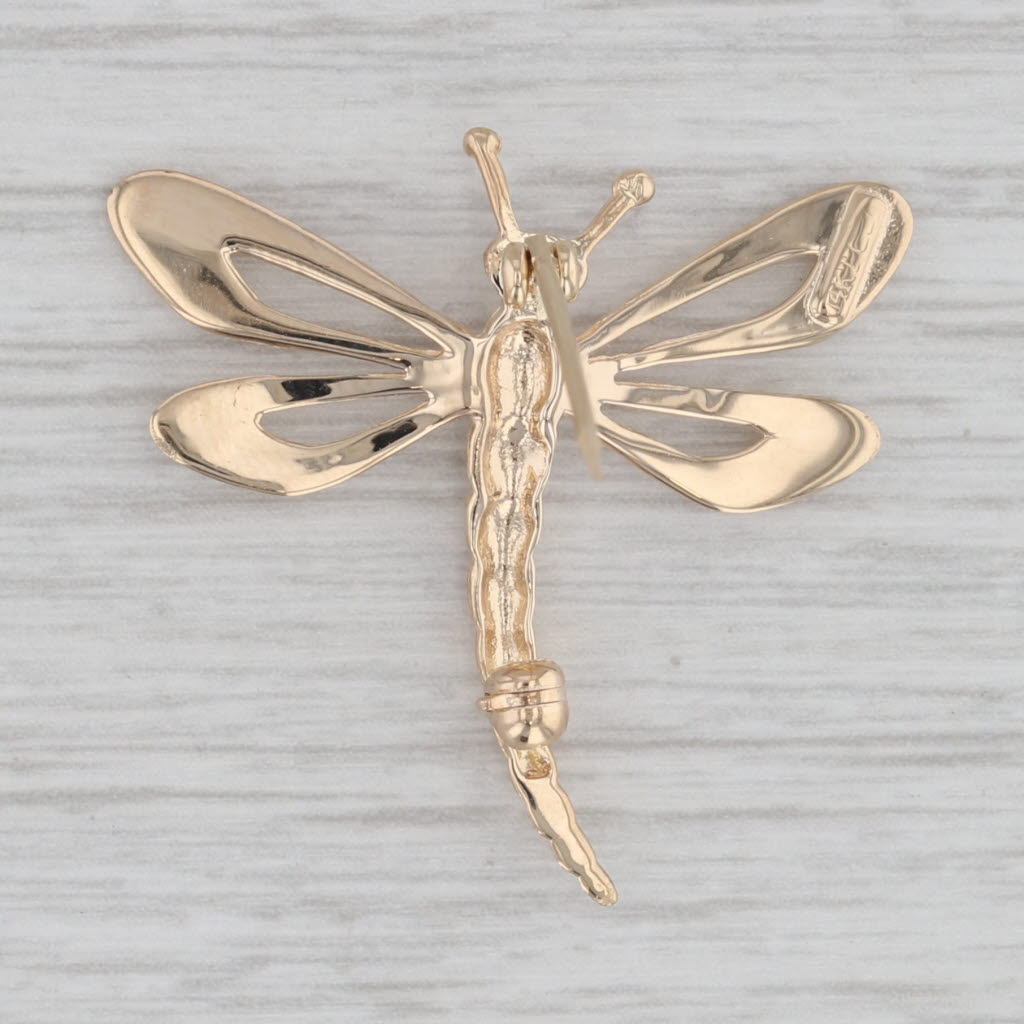 Gray Dragonfly Brooch 14k Yellow Gold Pin Insect Bug Jewelry