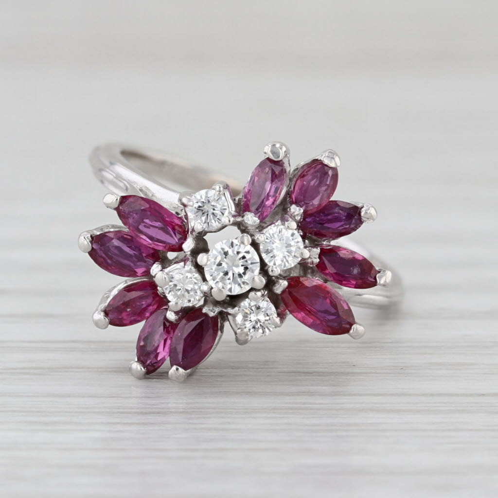 1.75ctw Ruby Diamond Flower Cluster Ring 14k White Gold Size 6.75