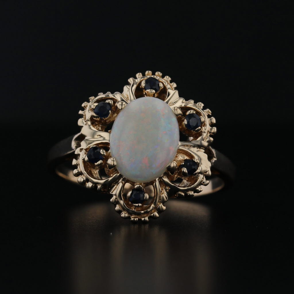 Opal Blue Sapphire Halo Flower Ring 14k Yellow Gold Size 7.75