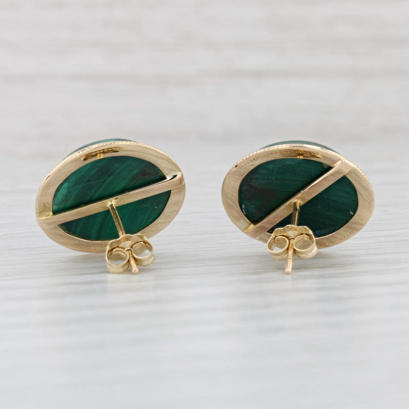 Green Malachite Cabochon Stud Earrings 10k Yellow Gold