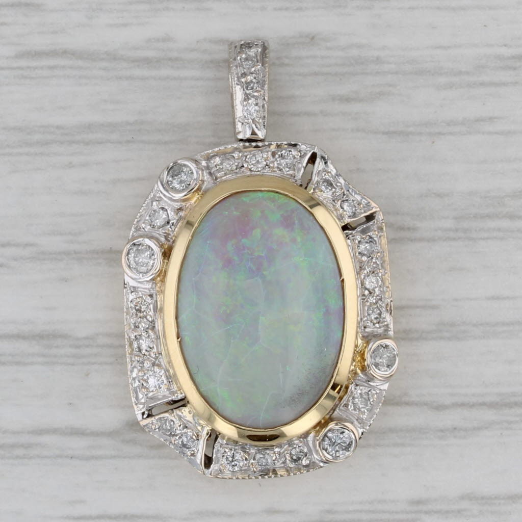 Gray Oval Cabochon Opal 0.20ctw Diamond Halo Pendant 18k Yellow White Gold