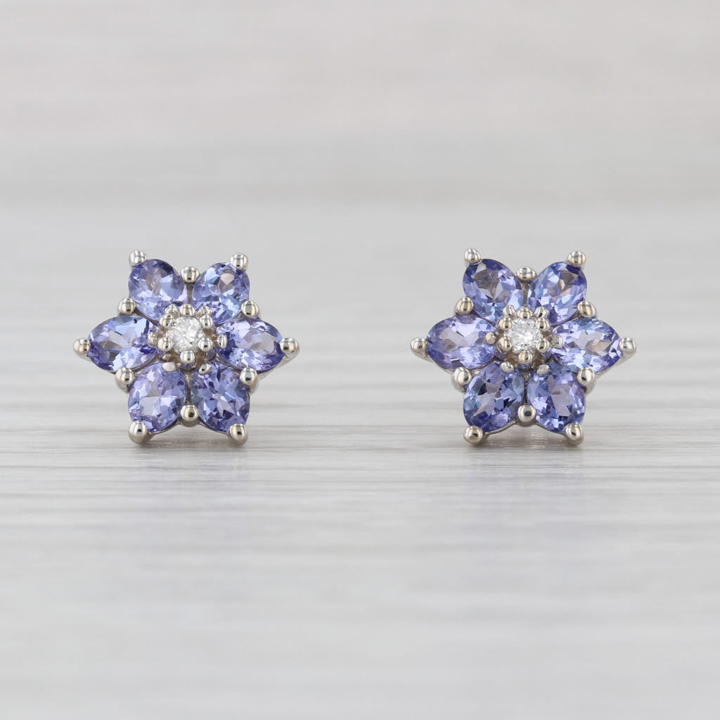 1.26ctw Tanzanite Diamond Flower Stud Earrings 14k White Gold Studs