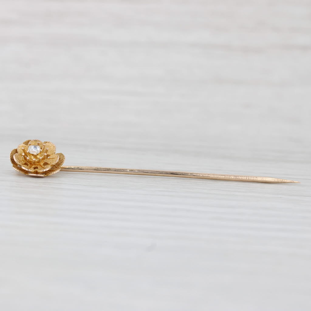 Light Gray Vintage Diamond Flower Stickpin 14k Yellow Gold Floral Jewelry