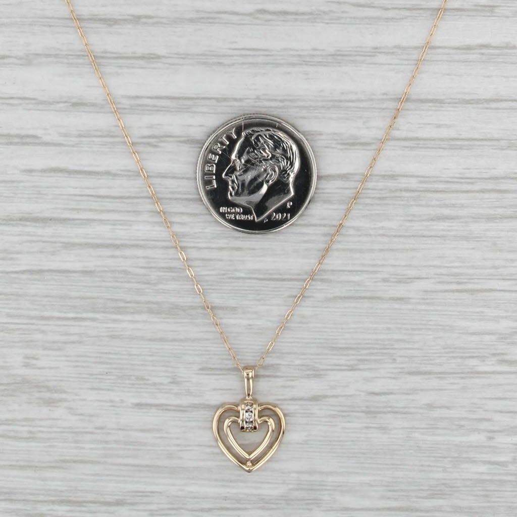 Diamond Layered Open Heart Pendant Necklace 14k Yellow Gold 16" Cable Chain