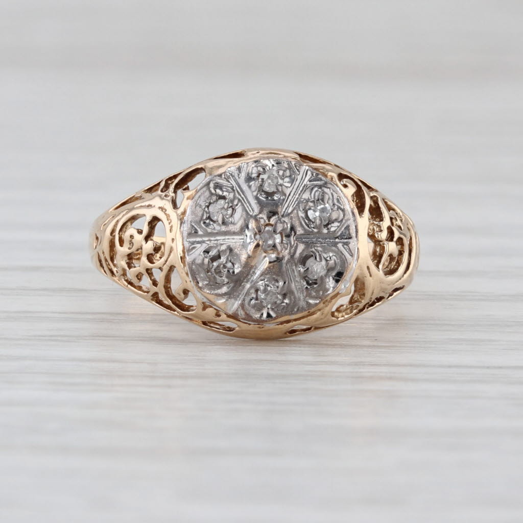 Vintage Ornate 0.56ctw Diamond Cluster Ring 10k White Yellow Gold Size 7