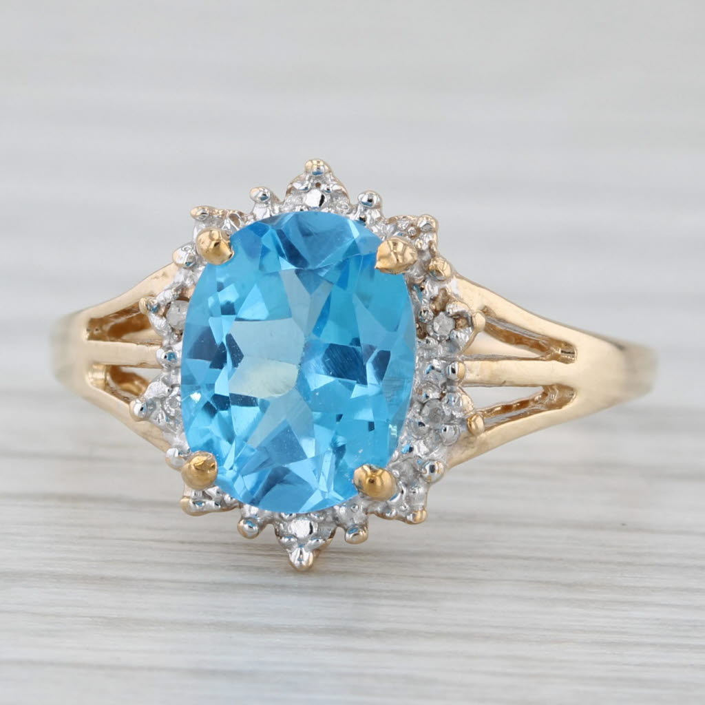 Light Gray 2.08ct Blue Topaz Diamond Halo Ring 10k Yellow Gold Size 6