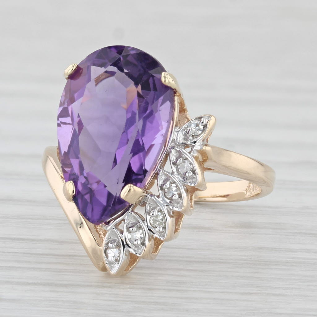 Light Gray 13.36ctw Pear Amethyst Diamond Ring 14k Yellow Gold Size 6.25 Bypass