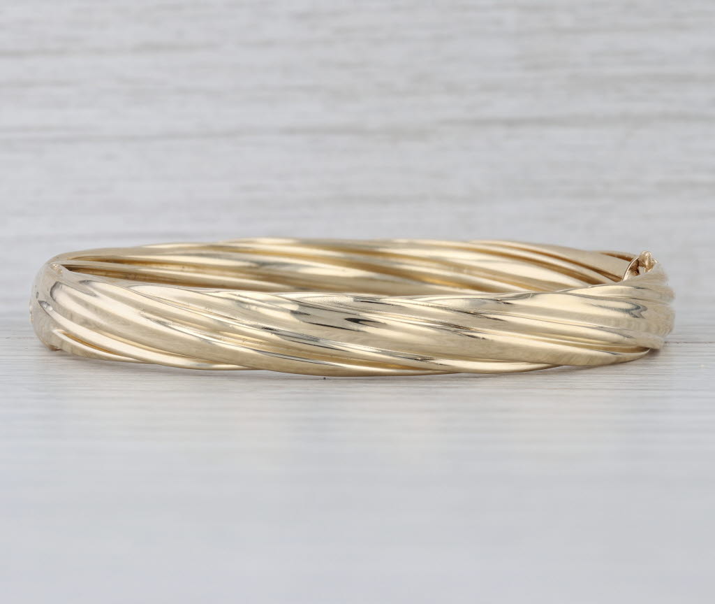 Twist Pattern Bangle Bracelet 14k Yellow Gold 7" 8mm Hinged Snap Clasp