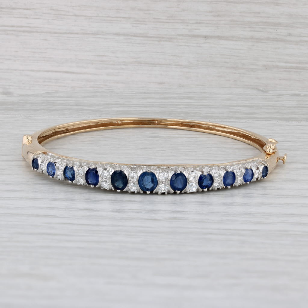 Gray 3.75ctw Blue Sapphire Diamond Bangle Bracelet 14k Yellow Gold 6.5"