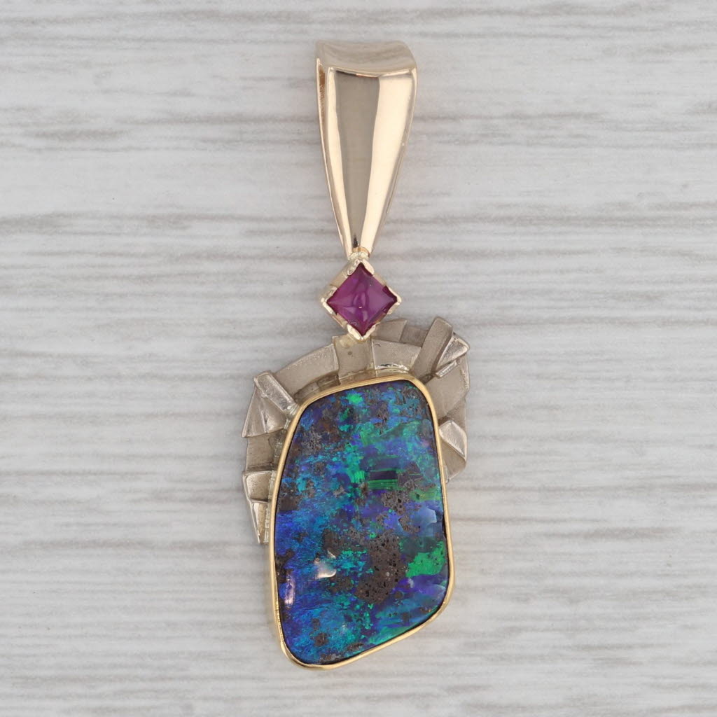 Gray Colorful Boulder Opal Ruby Pendant 14k Yellow White Gold