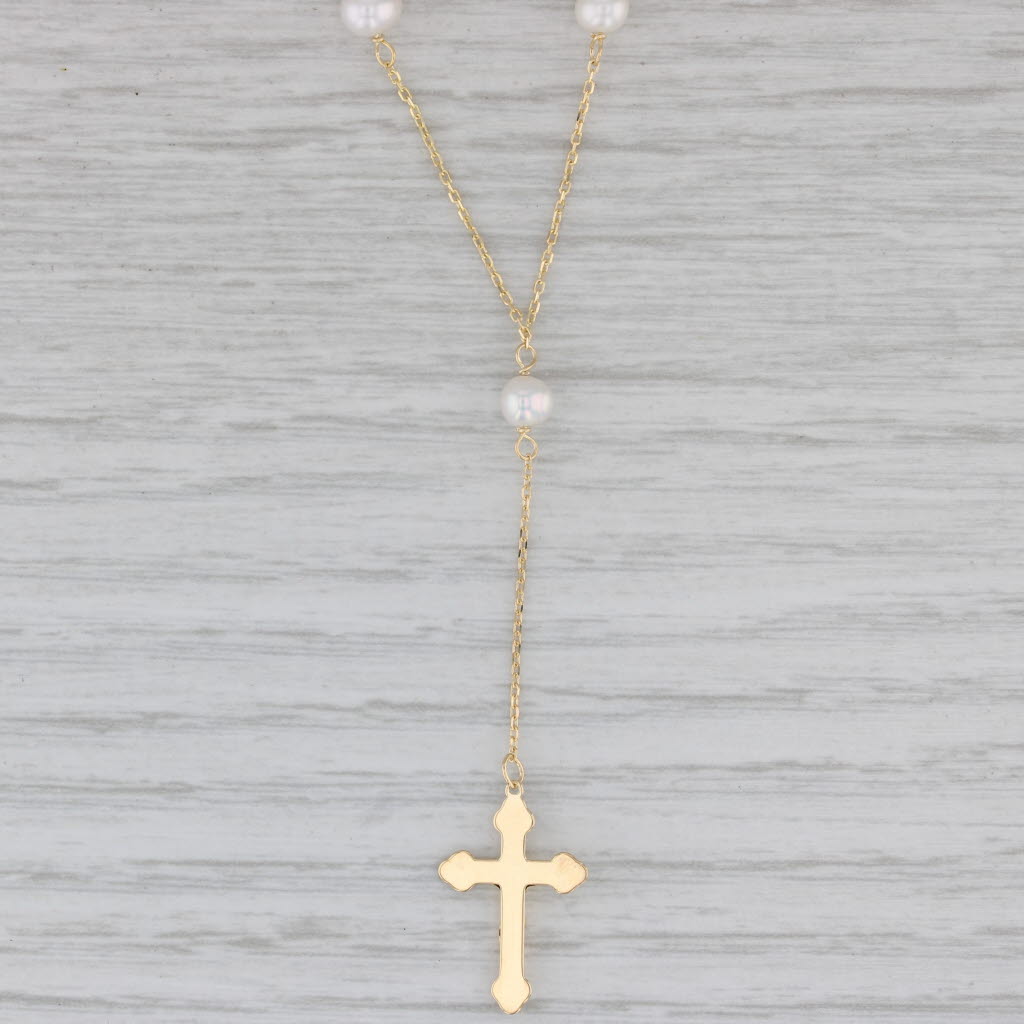 Gray New Rosary Cultured Pearl Cross Pendant Necklace 14k Yellow Gold 18"