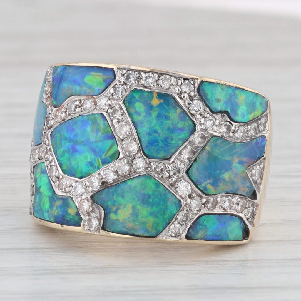 Light Gray Blue Green Opal Diamond Mosaic Cocktail Ring 14k Yellow Gold Size 7