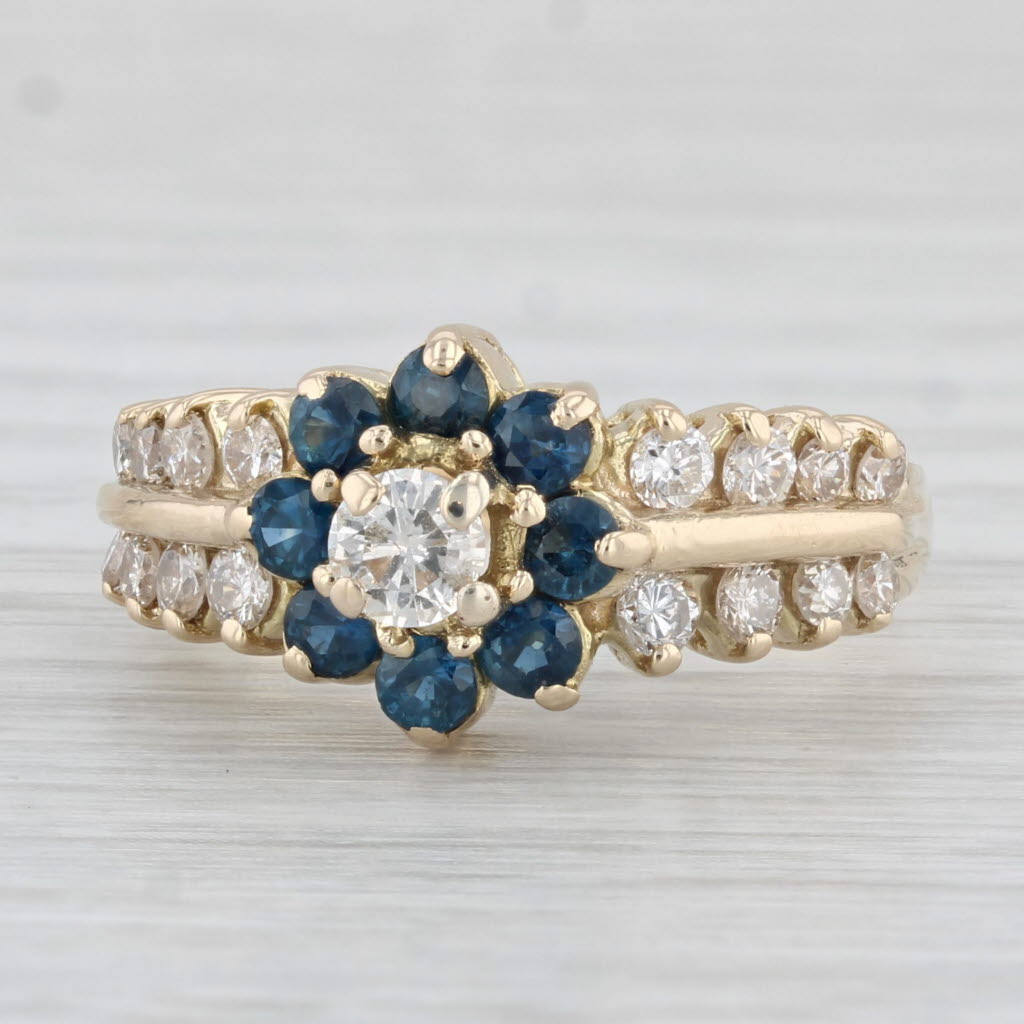 Light Gray 1.37ctw Blue Sapphire Diamond Flower Ring 14k Yellow Gold Size 7.5