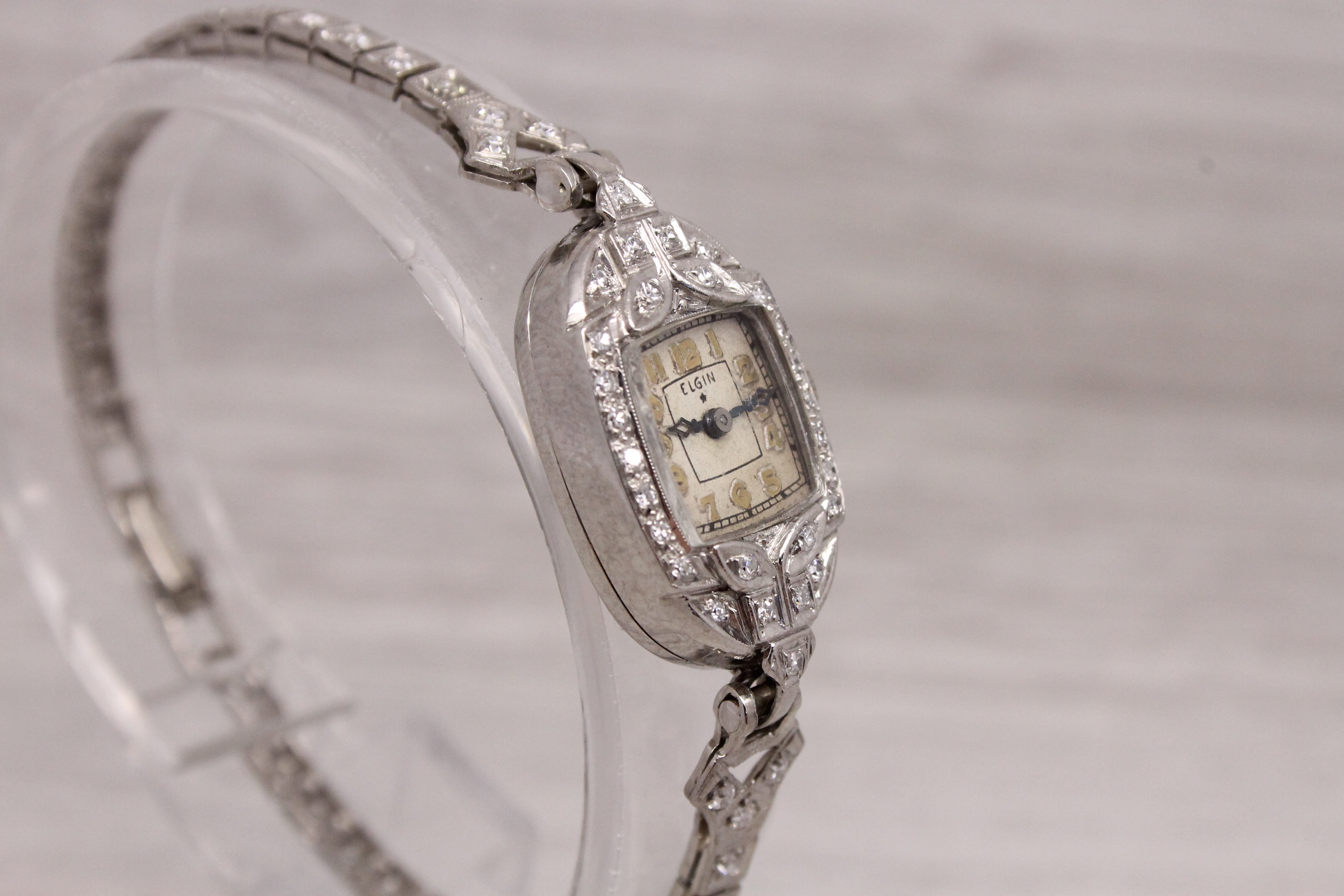 Dark Gray Antique Elgin Ladies Platinum & 14k Diamond Cocktail Watch 0.65ctw SERVICED