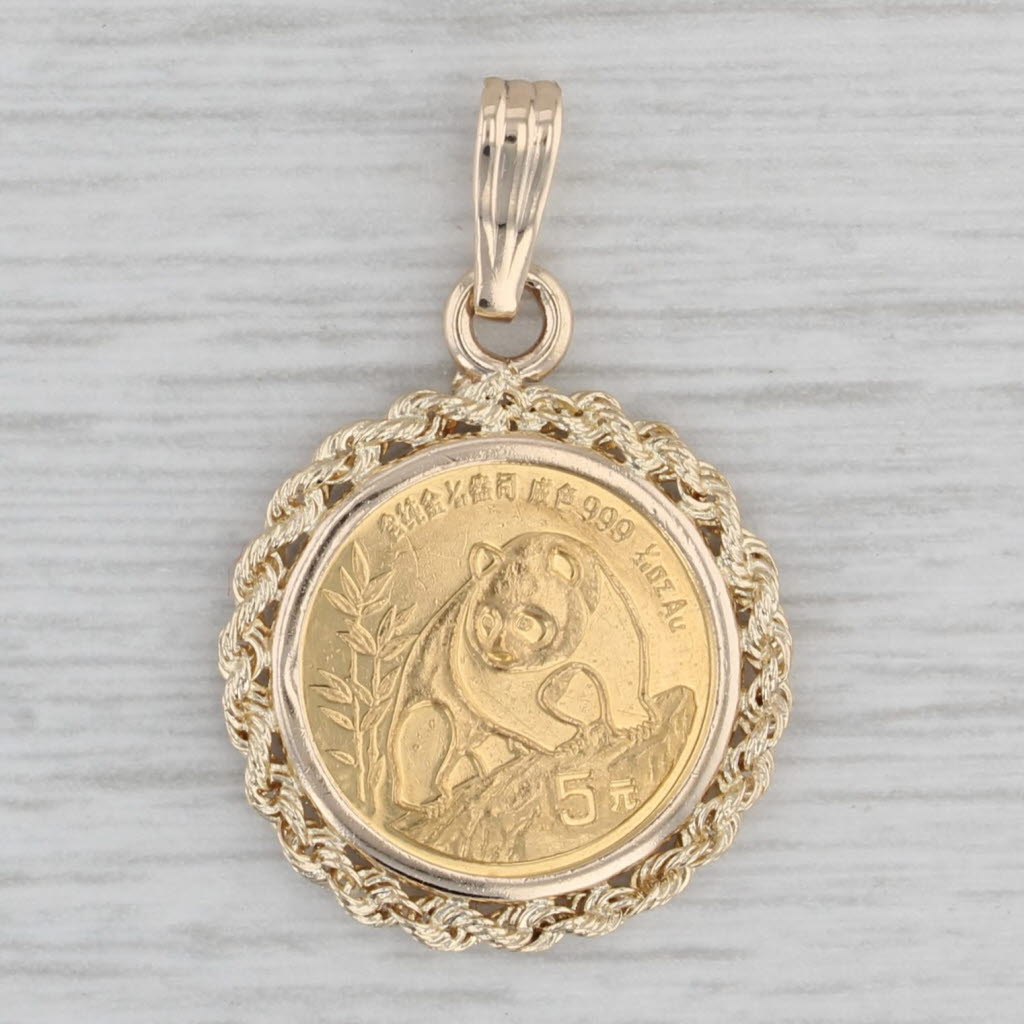 Gray Authentic Chinese Panda Coin Pendant 14k 999 Gold 5 Yuan 1990