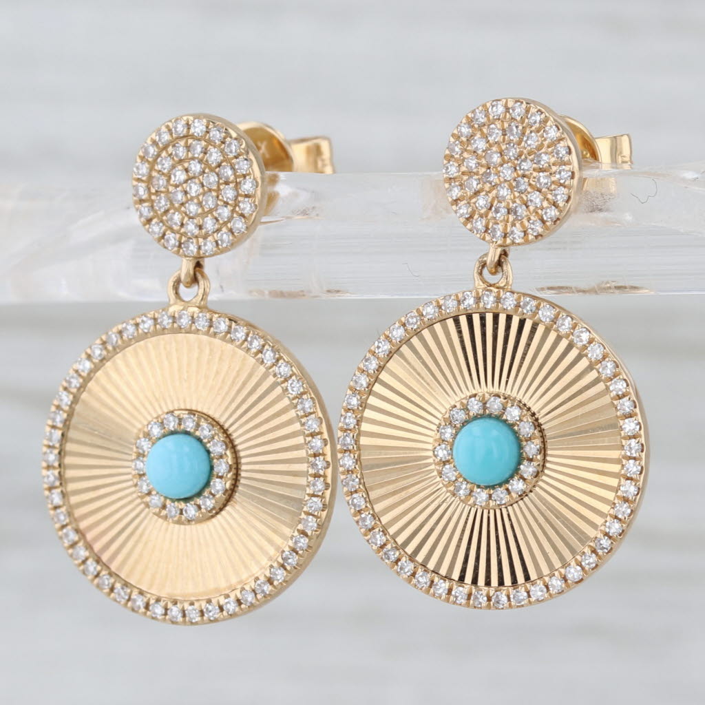 New Turquoise 0.38ctw Diamond Rayed Disc Dangle Earrings 14k Yellow Gold