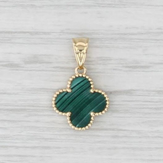 Malachite Clover Flower Pendant 14k Yellow Gold Small Drop Charm