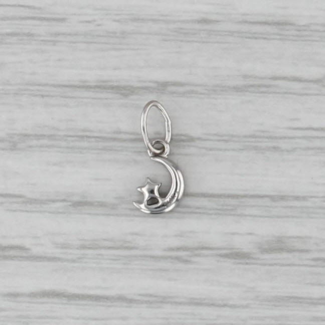Tiny Diamond Crescent Moon Star Charm 14k White Gold Small Drop Pendant