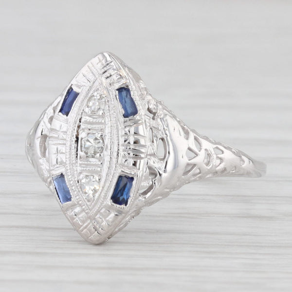 Art Deco Diamond Lab Created Sapphire 14k-16k White Gold Size 8.75 Vintage