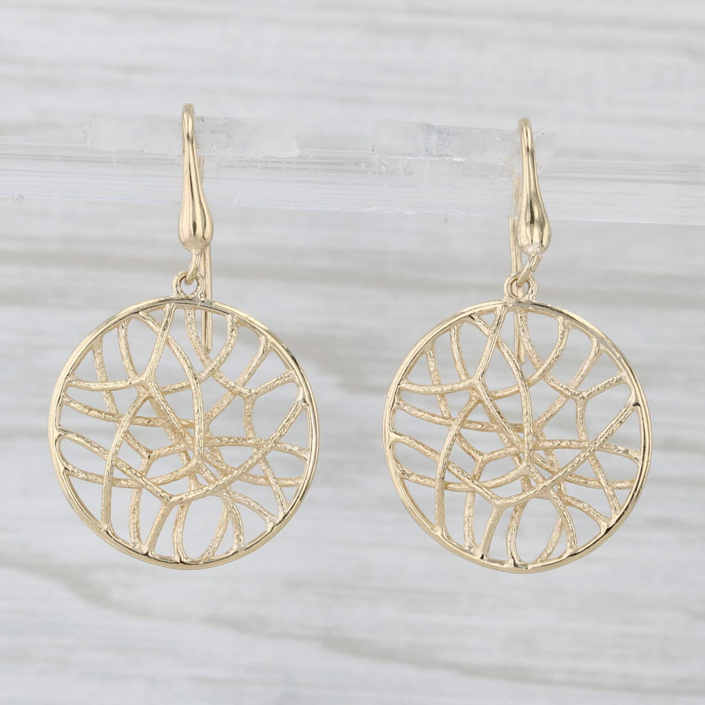 Light Gray Abstract Filigree Circle Dangle Earrings 14k Yellow Gold Hook Posts