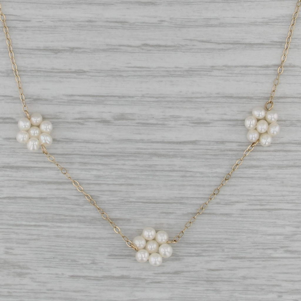 Cultured Pearl Flower Cluster Station Necklace 10k Gold 17.75" Cable Chain