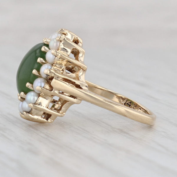Light Gray Green Nephrite Jade Cultured Pearl Halo Ring 14k Yellow Gold Size 4.5