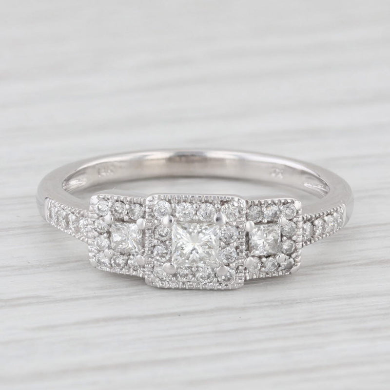0.50ctw Diamond 3-Stone Halo Engagement Ring 14k White Gold Size 7