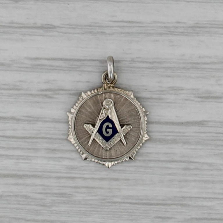Masonic Pendant 10k White Gold Small Square Compass Blue Lodge Charm