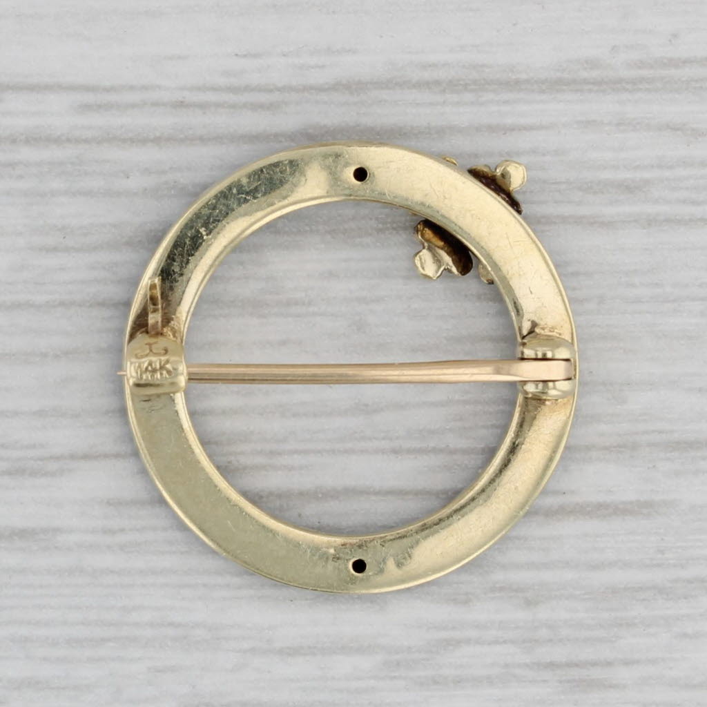 Gray Vintage Flower Circle Pin 14k Yellow Gold Black Enamel Krementz